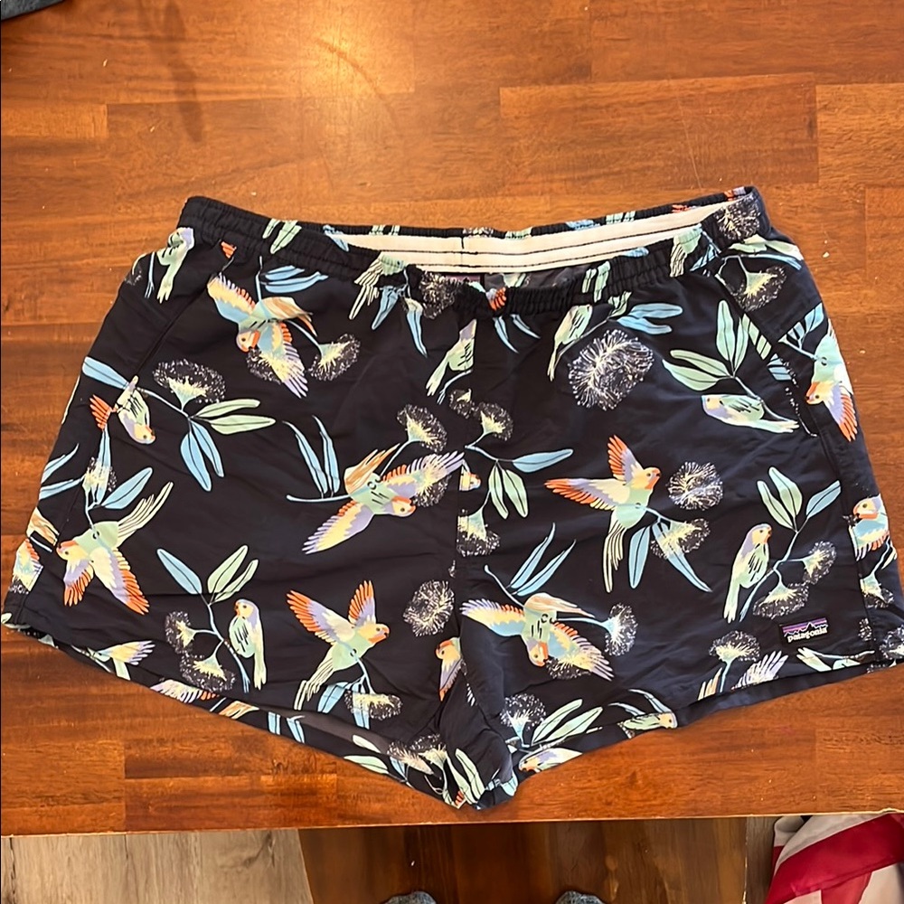 Patagonia Navy Swim Shorts with Parrot Print